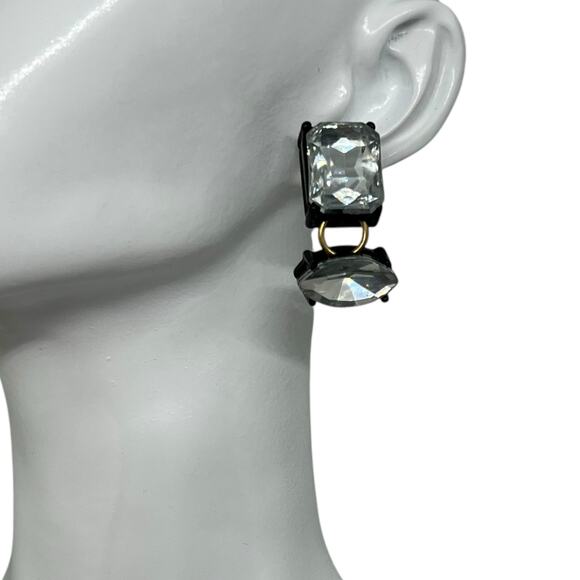 Vintage Crystal Rhinestone Drop Earring Black Setting Emerald Cut Navette - Picture 1 of 7